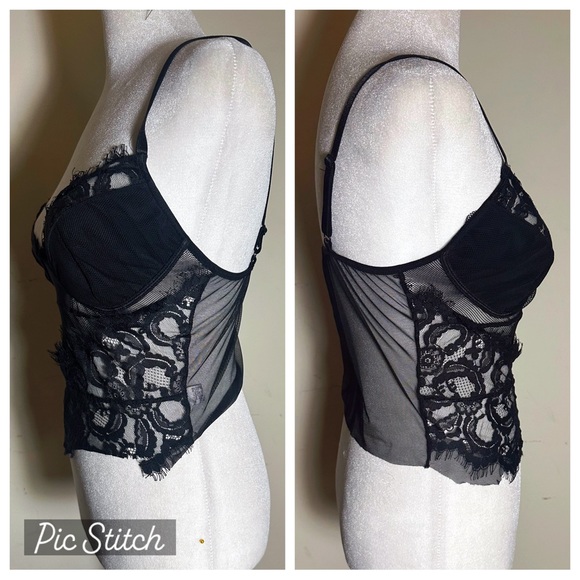 Black lace cropped cami with sheer cutouts, adjustable straps, soft cups sz S - Picture 5 of 5